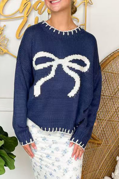 Casual Bow Weave Contrast O Neck Sweaters