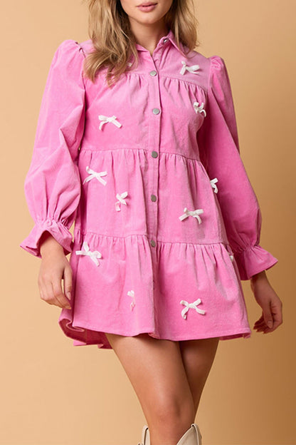 Elegant Buckle Bow Decor Contrast Turndown Collar A Line Dresses