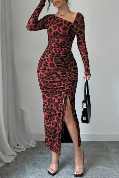 Sexy Casual Leopard Print Draw String Lace Up Slit Oblique Collar Long Sleeve Dresses(3 Colors)