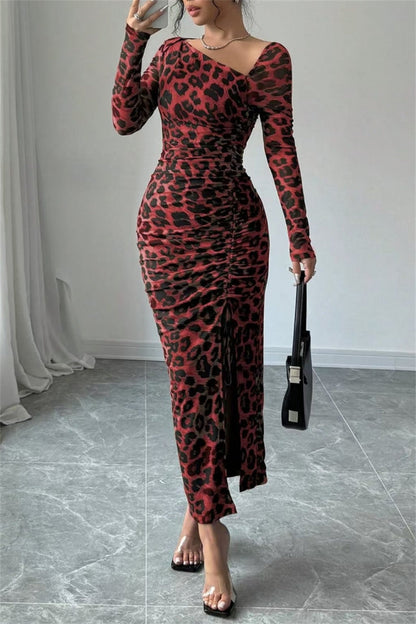 Sexy Casual Leopard Print Draw String Lace Up Slit Oblique Collar Long Sleeve Dresses(3 Colors)