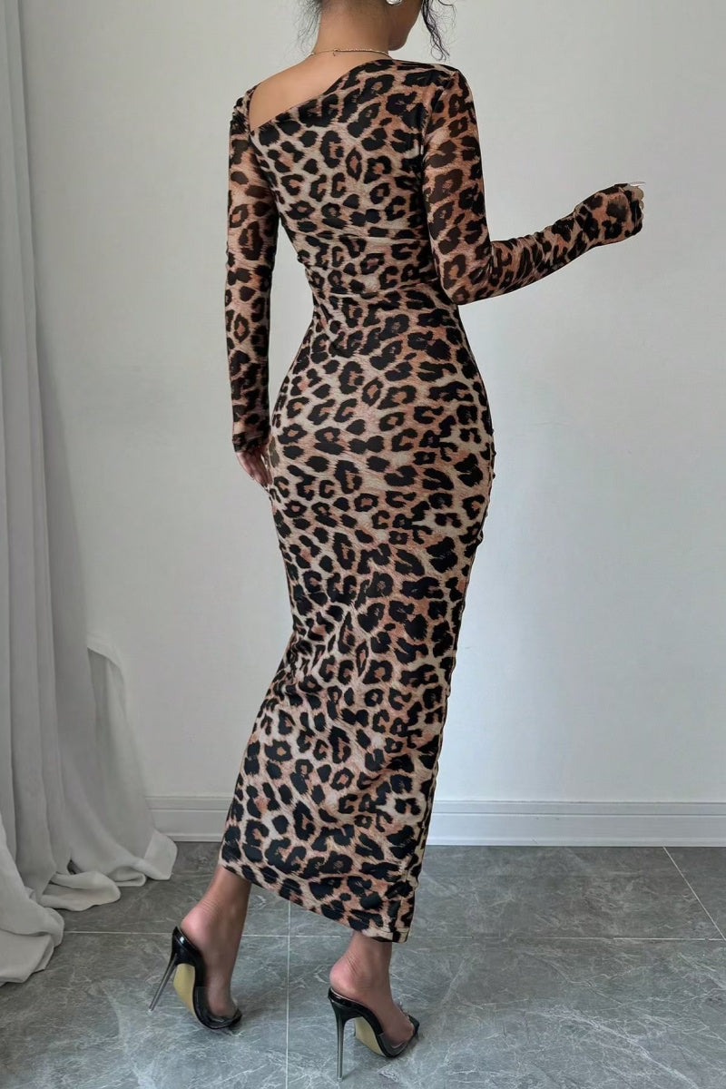 Sexy Casual Leopard Print Draw String Lace Up Slit Oblique Collar Long Sleeve Dresses(3 Colors)
