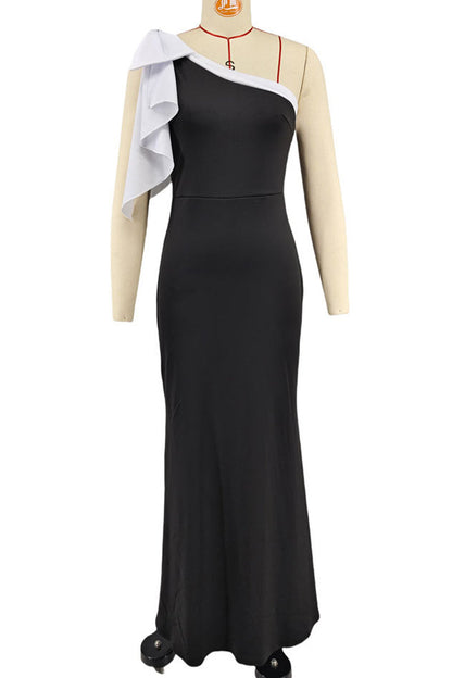 Elegant Patchwork Contrast Oblique Collar Long Dresses