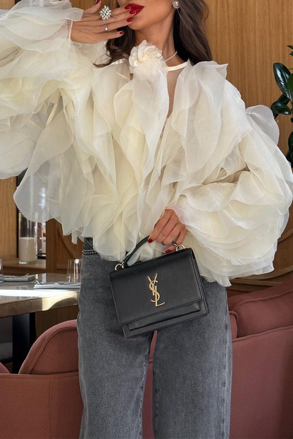 Elegant Irregular Stringy Selvedge Flower Shape O Neck Blouses