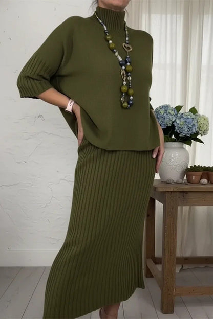 Solid Color Loose-fitting Turtleneck Knit Sweater and Stretchy Elegant Midi Skirt Set