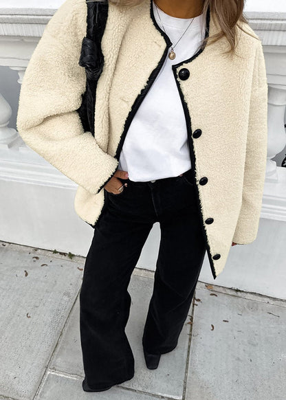 Beige Lambswool Patchwork Round Neck Coat