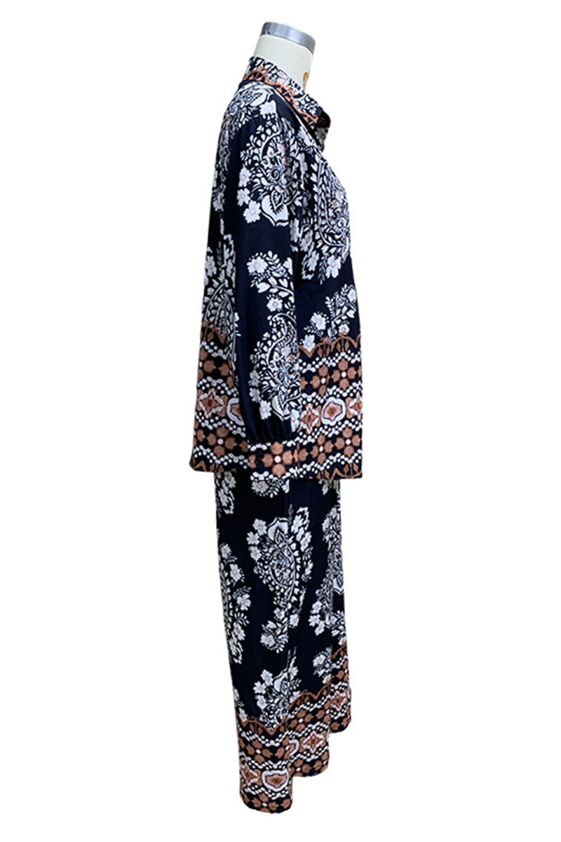 Casual Vacation Floral Print Pocket Buttons Turndown Collar Long Sleeve Two Pieces