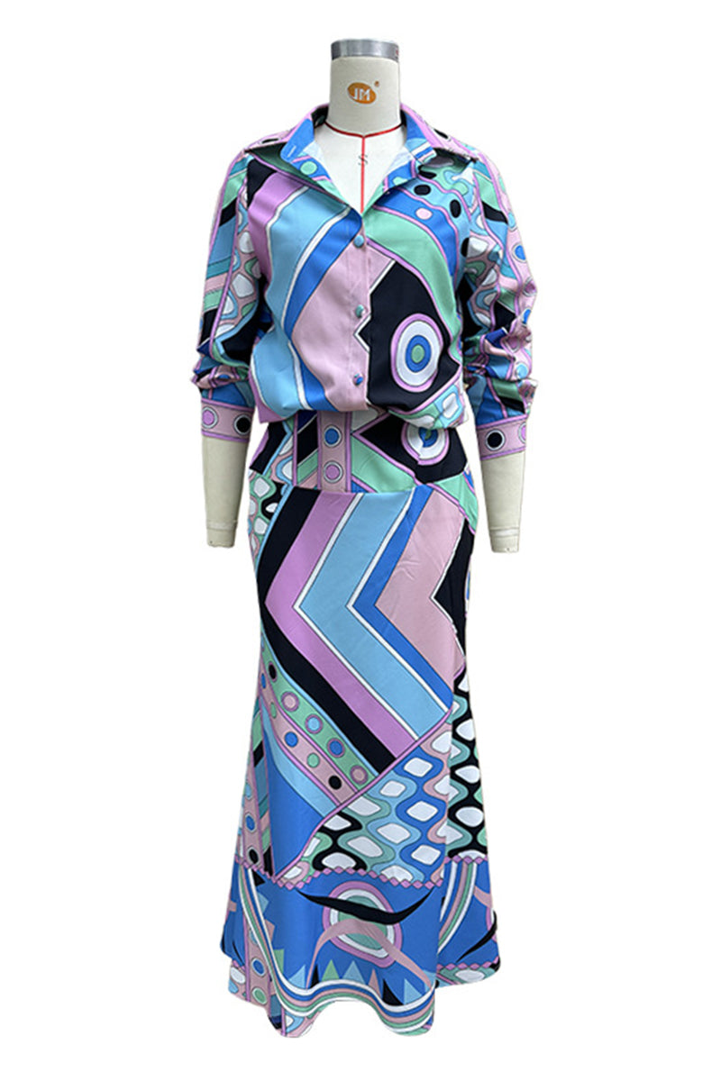 Daily Elegant Geometric Print Buttons Patchwork Turndown Collar Long Sleeve Two Pieces