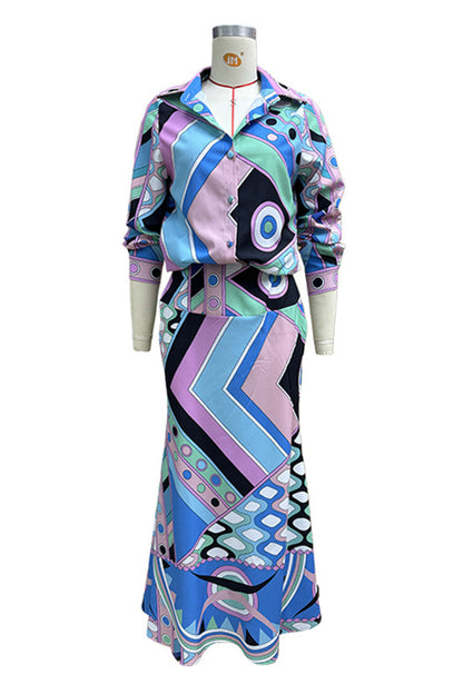 Daily Elegant Geometric Print Buttons Patchwork Turndown Collar Long Sleeve Two Pieces