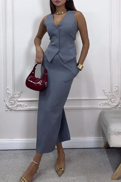 Pocket Buttons Strap Design V Neck Sleeveless Two Pieces(3 Colors)