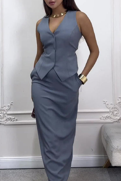 Pocket Buttons Strap Design V Neck Sleeveless Two Pieces(3 Colors)