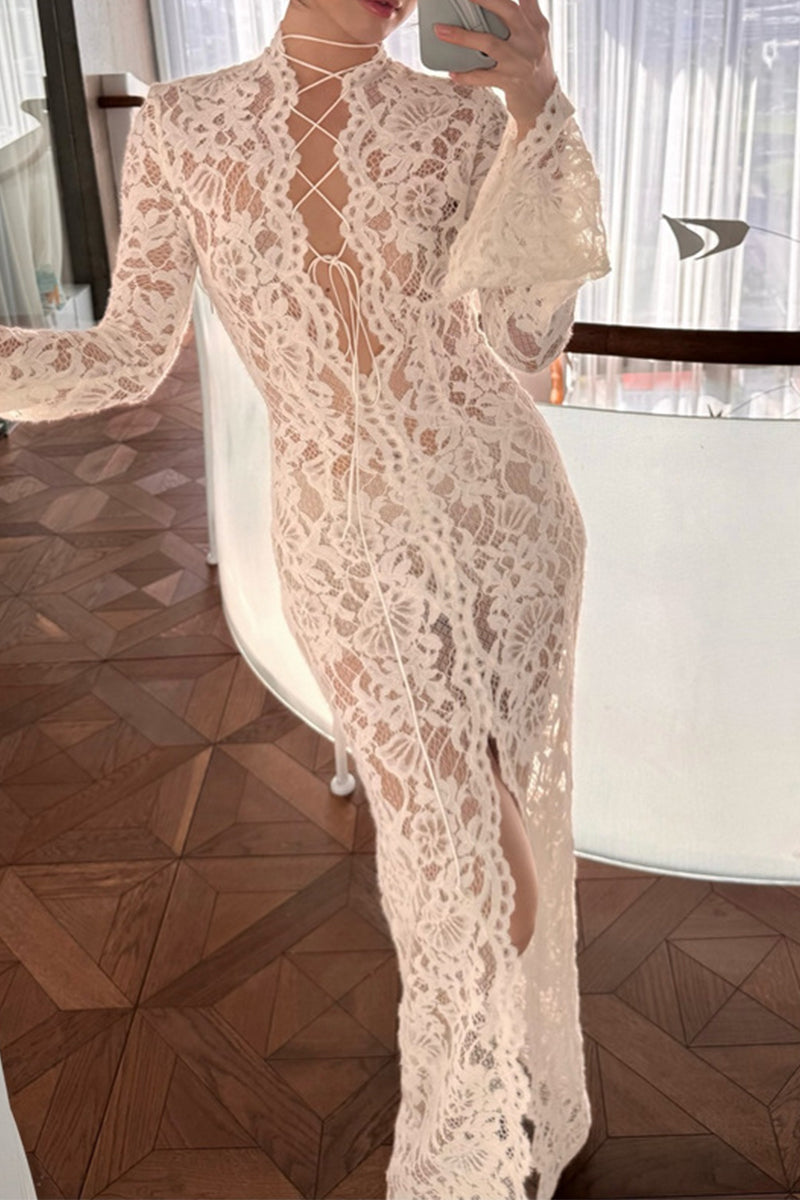 Sexy Lace See-Through Strap Design V Neck Lace Dress Dresses