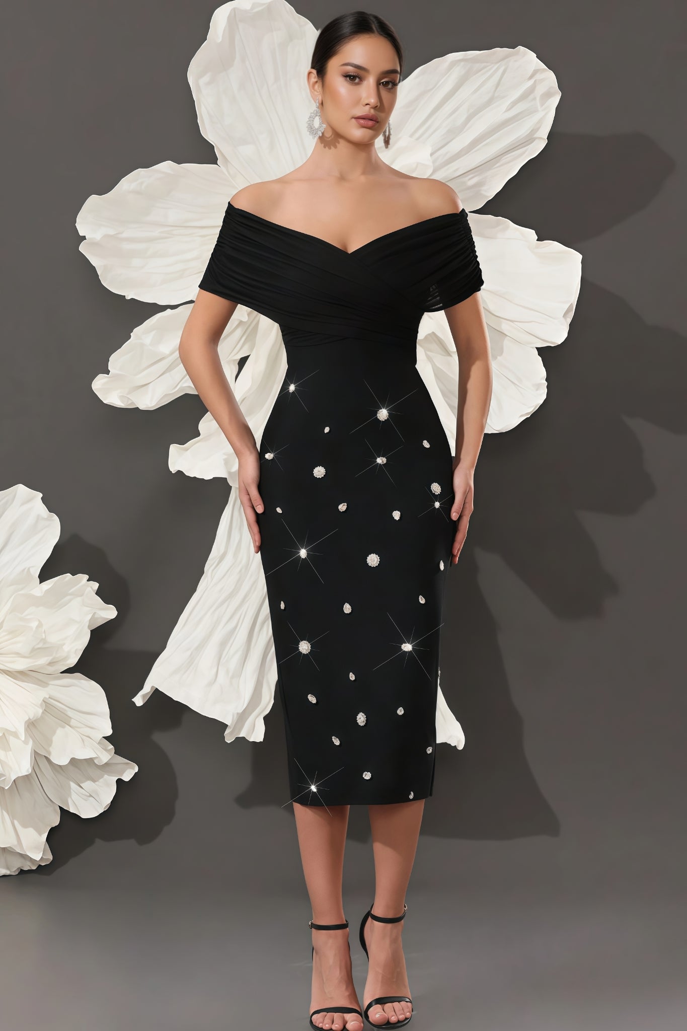 Marisad Strapless Mesh Studded Midi Dress