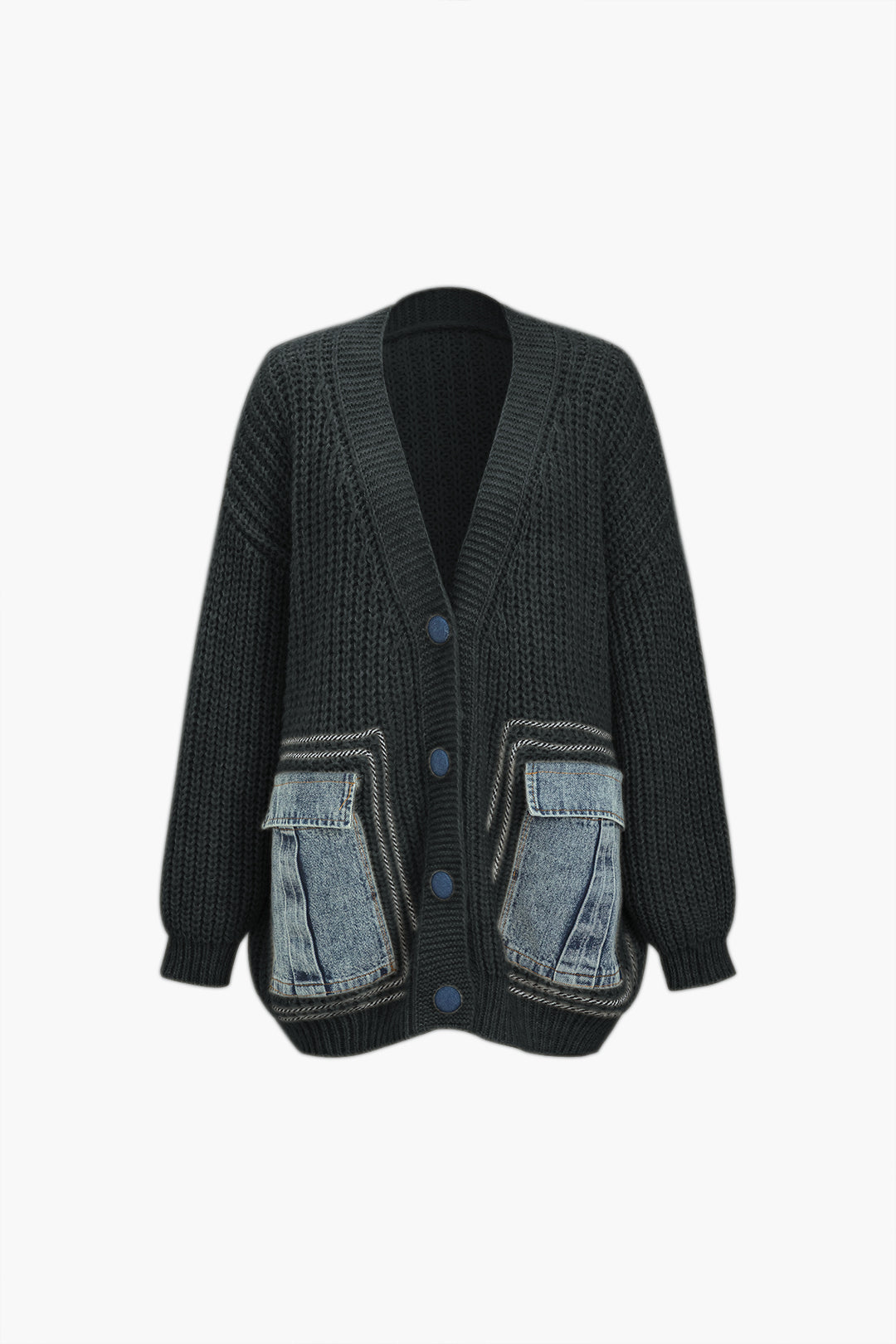 90's Solid Color Denim Patchwork Button Pocket Sweater Cardigan