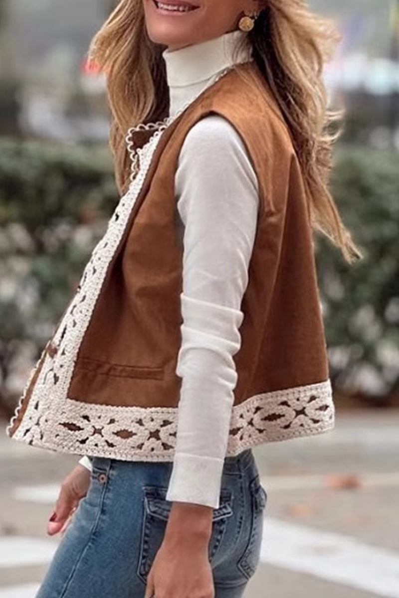 Casual Lace Patchwork O Neck Waistcoats