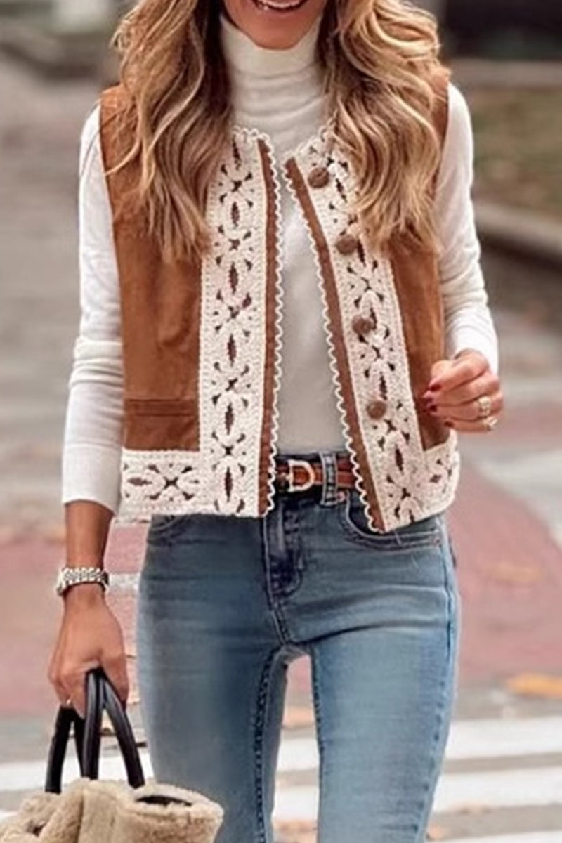 Casual Lace Patchwork O Neck Waistcoats