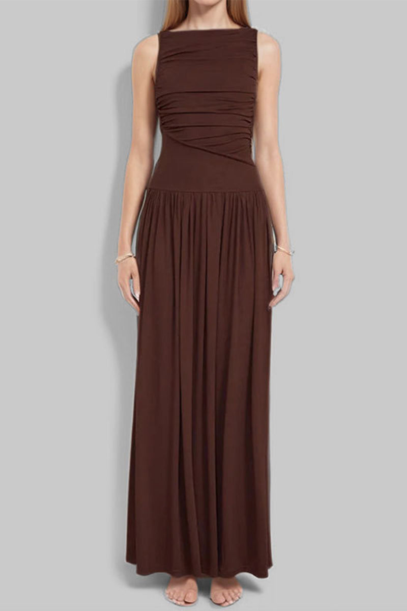 Casual Ruched O Neck Long Dresses