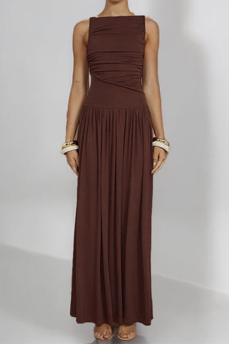 Casual Ruched O Neck Long Dresses