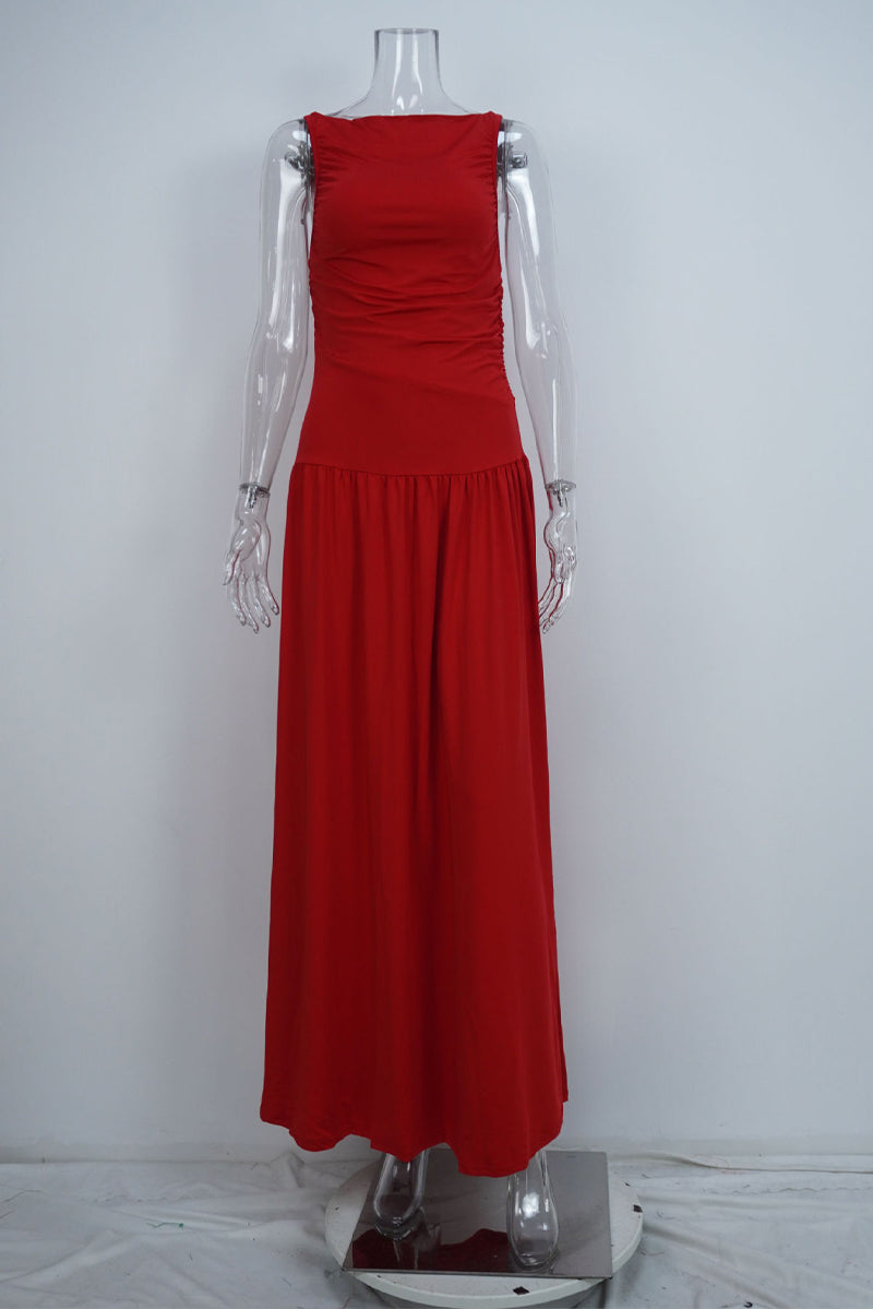 Casual Ruched O Neck Long Dresses