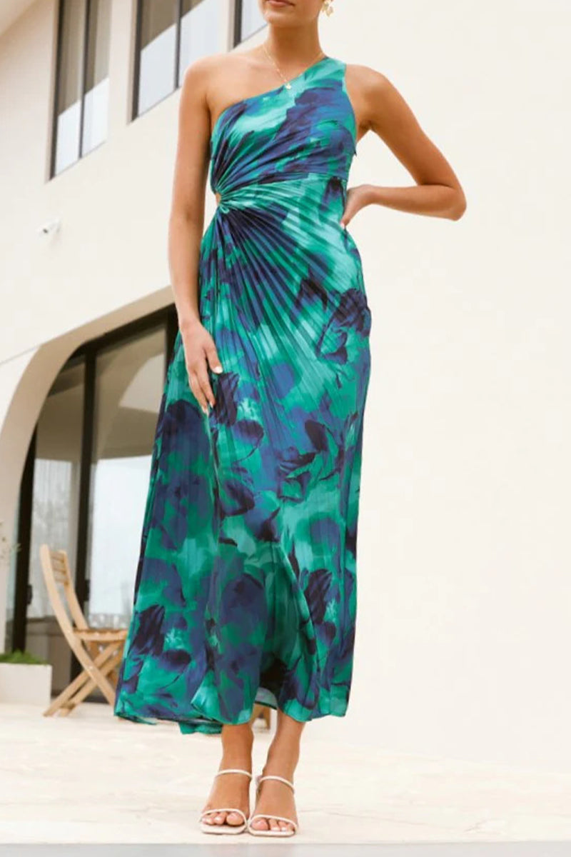 Sexy Ombre Print Pleated Sloping Shoulder Pleated Dresses