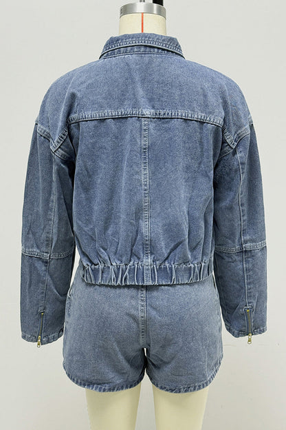 Casual Pocket Zipper Turndown Collar Long Sleeve Two Pieces