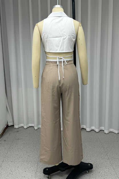 Casual Lace Up Buttons Turndown Collar Sleeveless Two Pieces