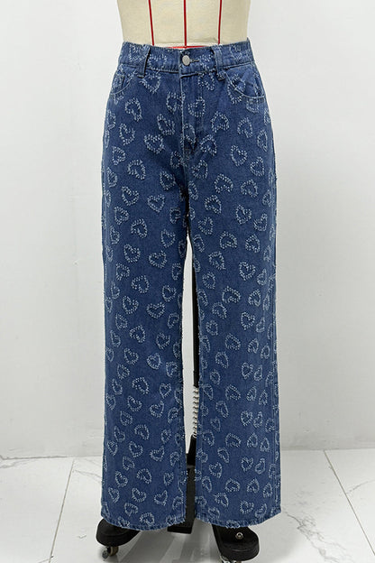 Casual Heart Shaped Distressed Patchwork High Waist Loose Denim Jeans