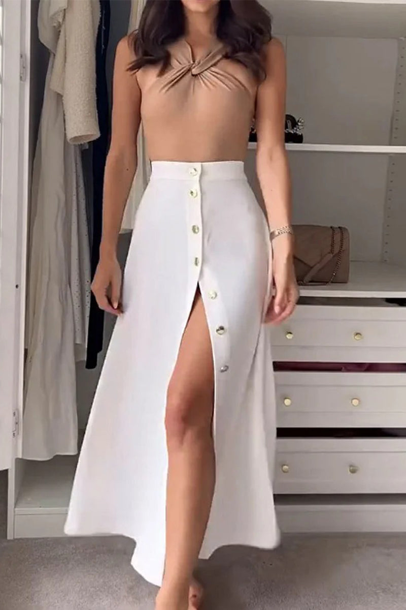 Casual Solid Color Buckle Halter Sleeveless Two Pieces