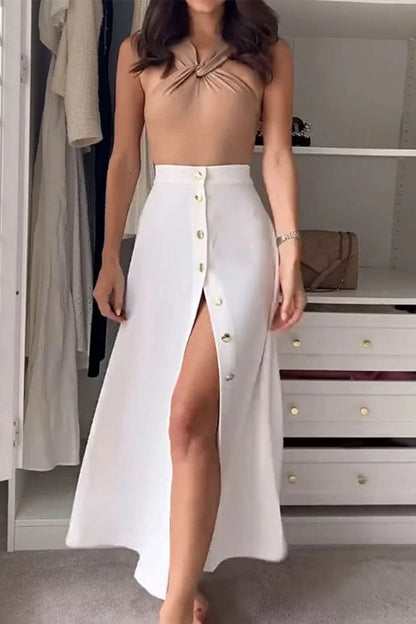 Casual Solid Color Buckle Halter Sleeveless Two Pieces