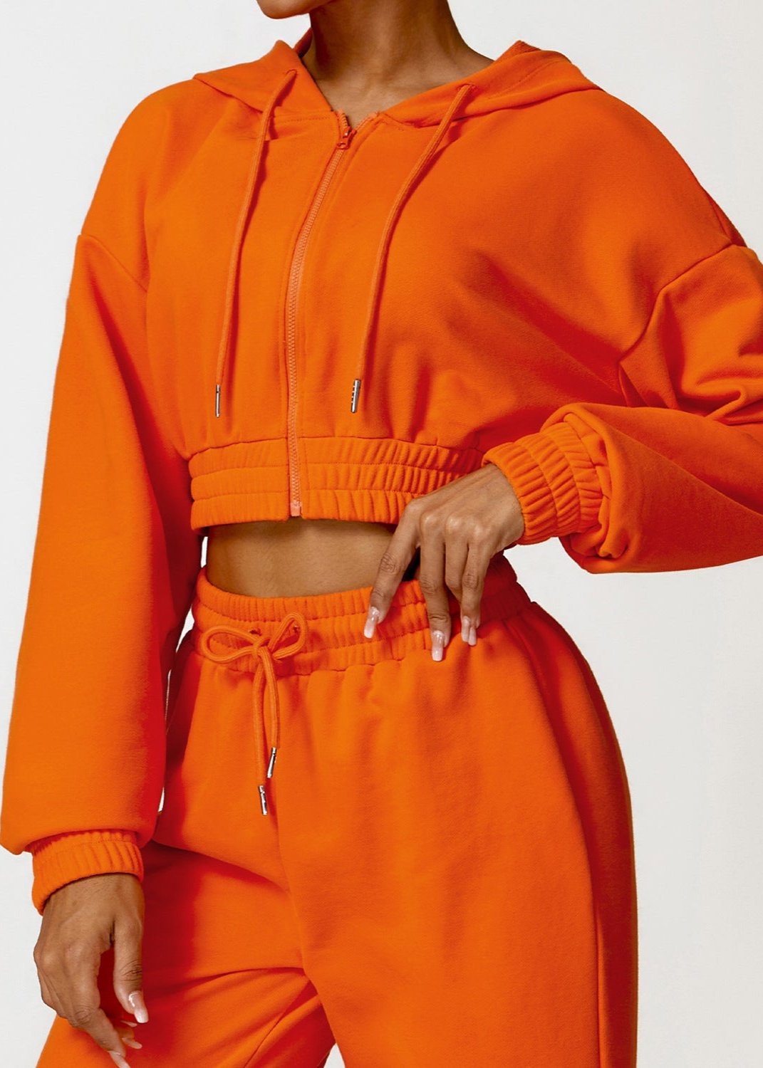Pink Cropped Hoodie Set - Zippered Long Sleeve Lounge Wear