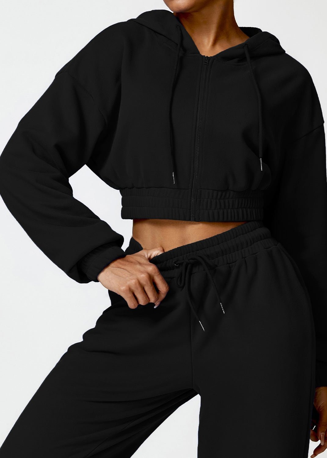 Pink Cropped Hoodie Set - Zippered Long Sleeve Lounge Wear