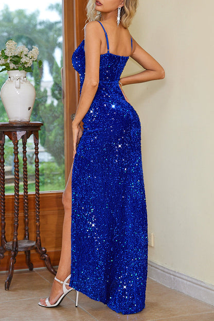 Sexy Prom Sequins Slit V Neck Evening Dresses