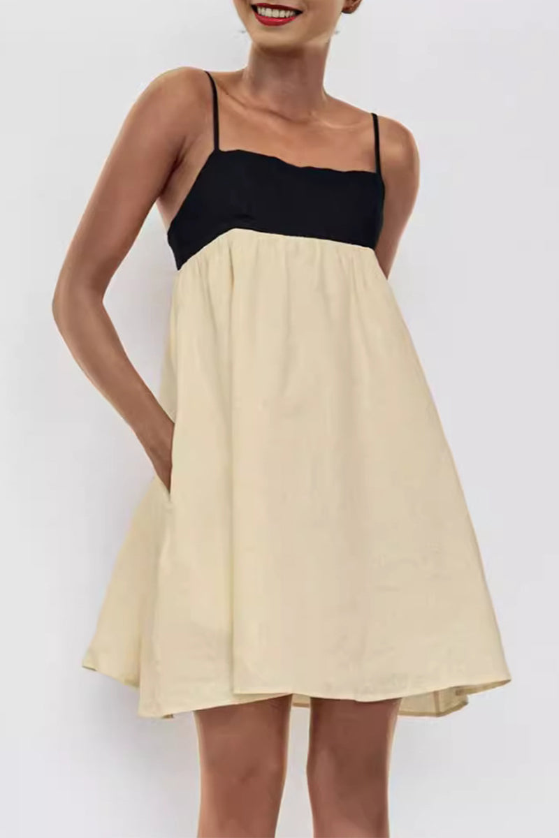 Casual Pocket Backless Contrast Square Neck Sling Dresses