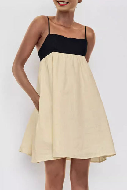 Casual Pocket Backless Contrast Square Neck Sling Dresses