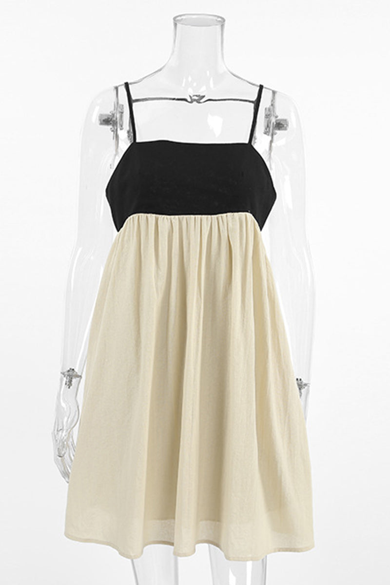 Casual Pocket Backless Contrast Square Neck Sling Dresses