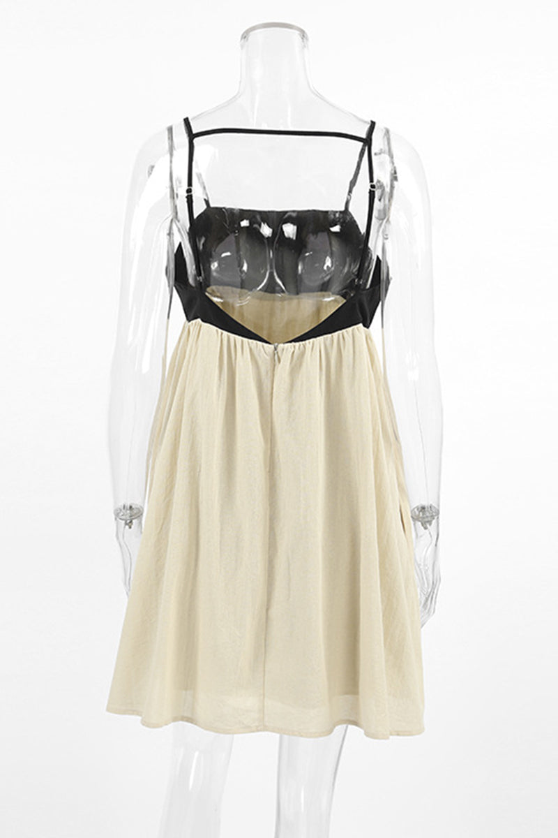 Casual Pocket Backless Contrast Square Neck Sling Dresses