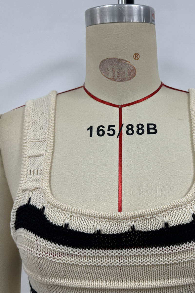 Sexy Stripe Weave Contrast U Neck One Step Skirt Dresses