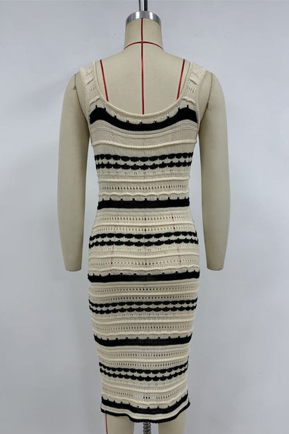 Sexy Stripe Weave Contrast U Neck One Step Skirt Dresses