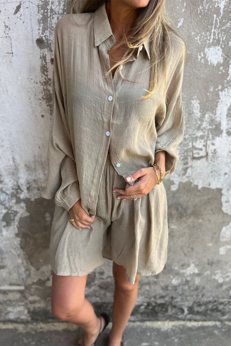 Casual Buttons Turndown Collar Long Sleeve Two Pieces(4 Colors)