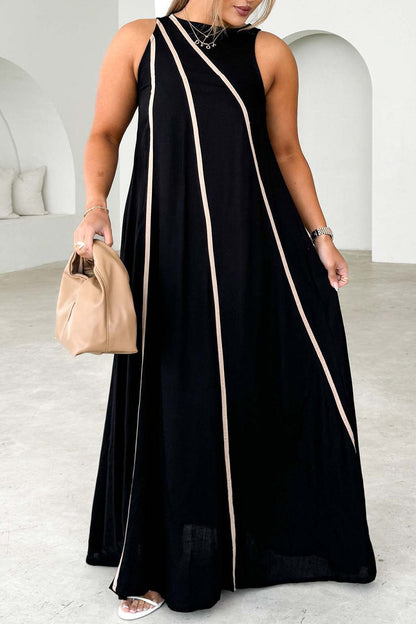 Casual Stripe Patchwork Contrast O Neck Sleeveless Dresses