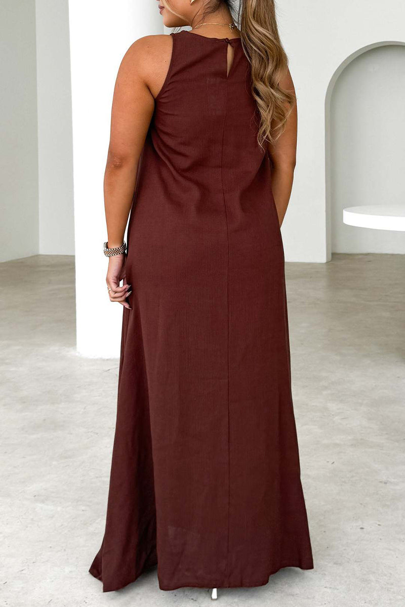 Casual Stripe Patchwork Contrast O Neck Sleeveless Dresses