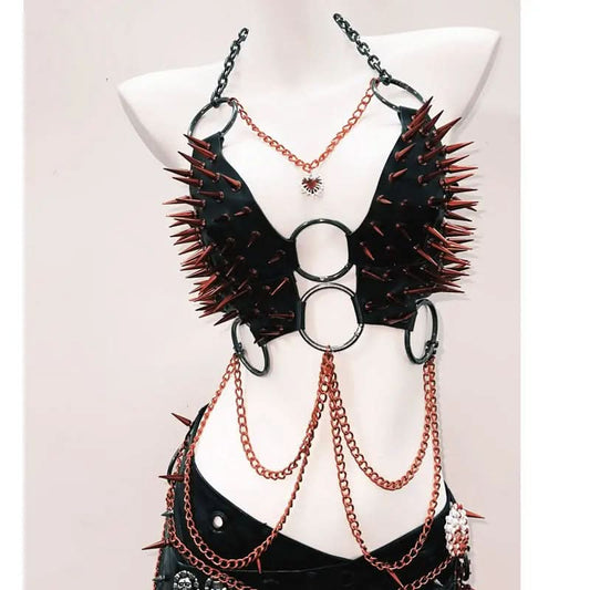 PU leather rivet o ring metal chain mini skirt set