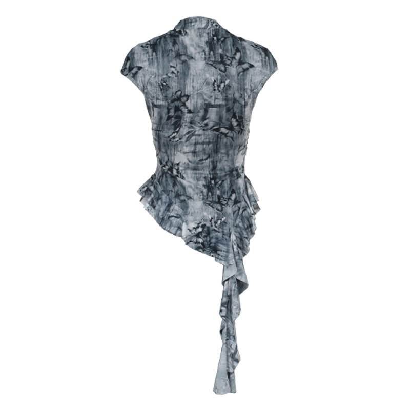 Cap sleeve butterfly print button top