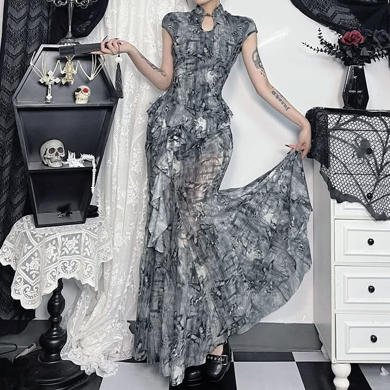 Butterfly print mesh ruffle maxi skirt