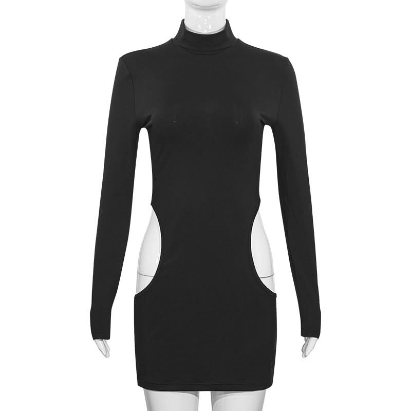 Long sleeve high neck hollow out cut out mini dress