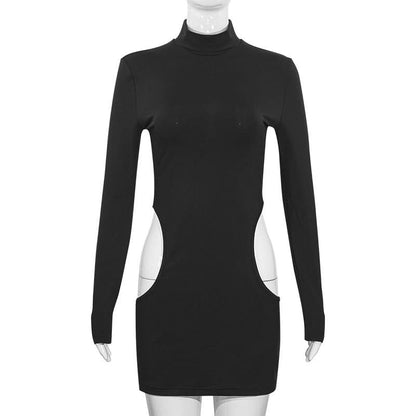 Long sleeve high neck hollow out cut out mini dress