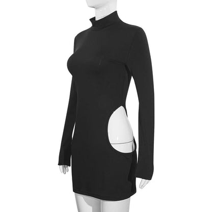 Long sleeve high neck hollow out cut out mini dress