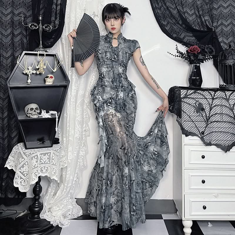 Butterfly print mesh ruffle maxi skirt