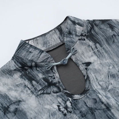 Cap sleeve butterfly print button top