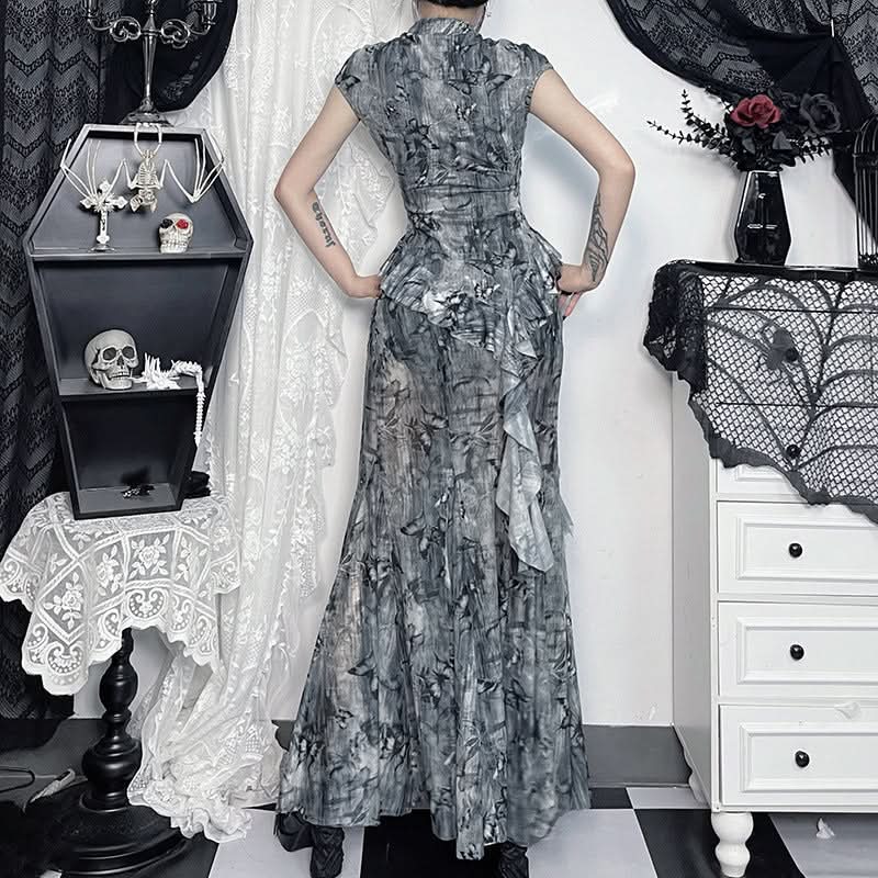 Butterfly print mesh ruffle maxi skirt