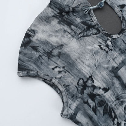 Cap sleeve butterfly print button top